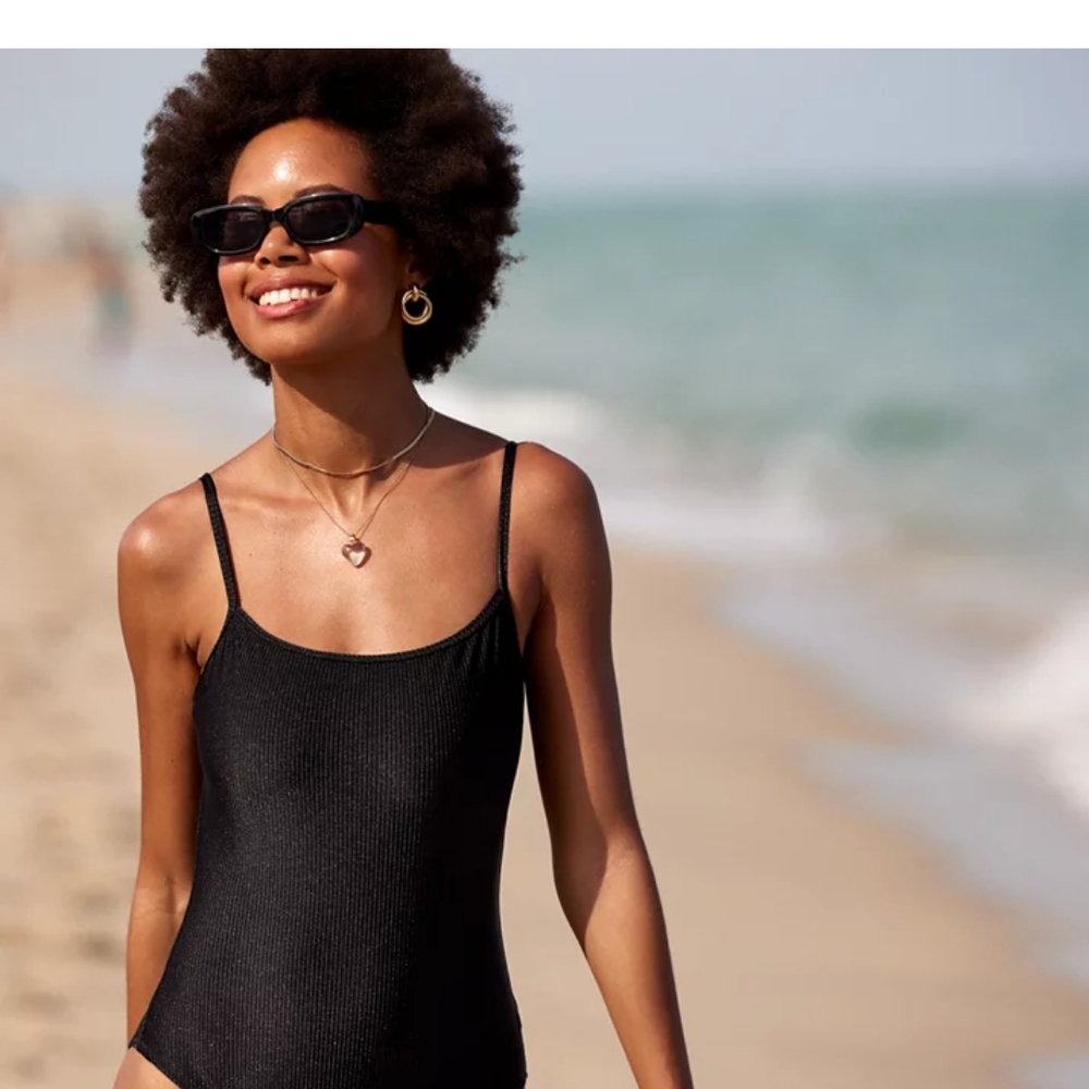 Aerie Shine Black Ribbed Swimsuit One Piece Full Coverage Size XL
